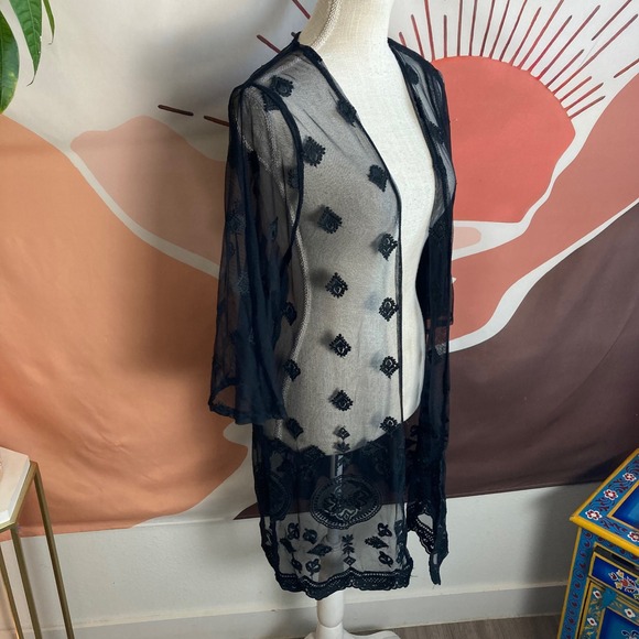 Time and Tru Black Embroidered Lace Mesh Kimono Cardigan One Size Cover Up - Picture 1 of 8